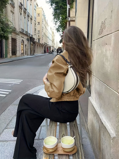 Women's Burgundy Retro-Casual Cropped Jacket with Lapel & Zipper