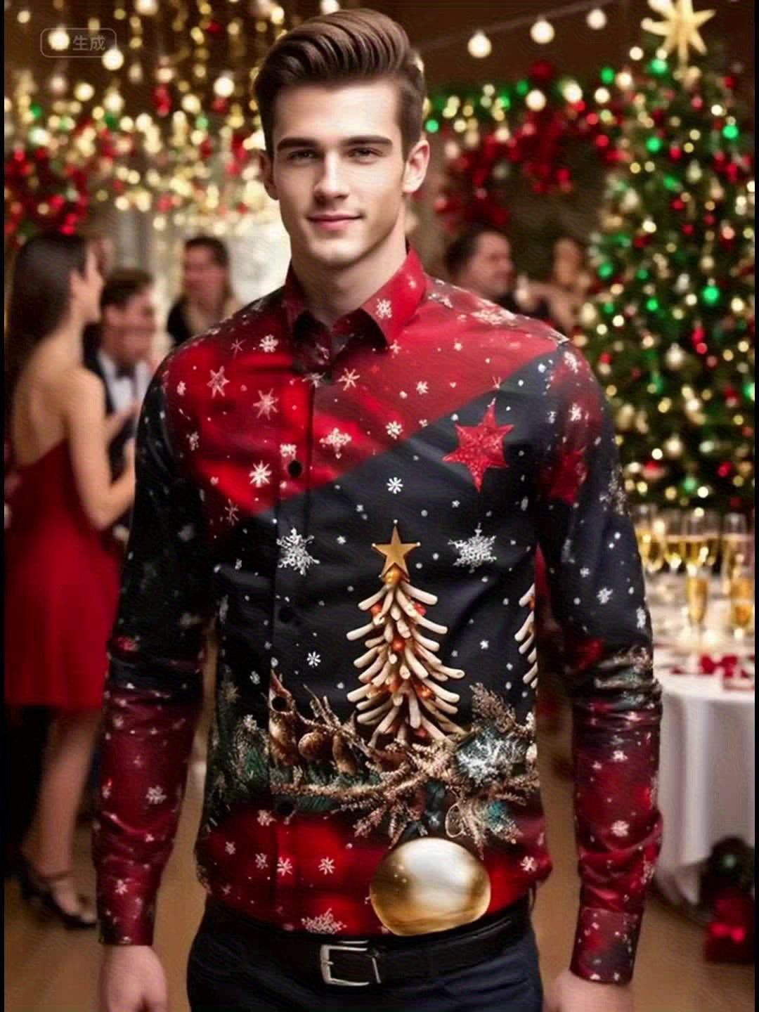 Men's Christmas Party Shirt with Red & Black Snowflake Pine Tree Print - Golden Button-Front Long Sleeve Dress Shirt, Stand Collar Casual Blazer-like Top for Holiday Events, Winter Celebrations & Xmas Gatherings (Machine Wash