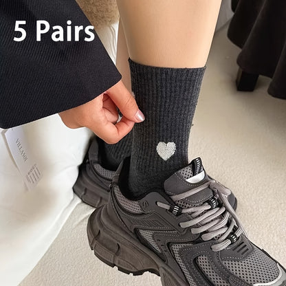 Women's 5 Pairs Mid-Calf Heart Pattern Socks, Soft Polyester