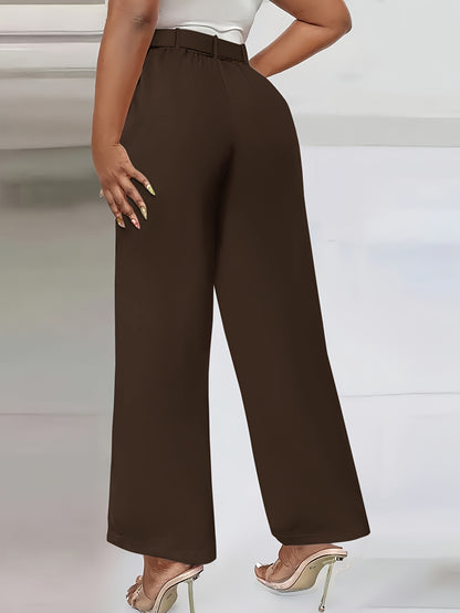 Women'S High-Waist Button-Detail Casual Straight Leg Pants, Solid Color, Polyester, with Belt, for All-Season Woven Trousers