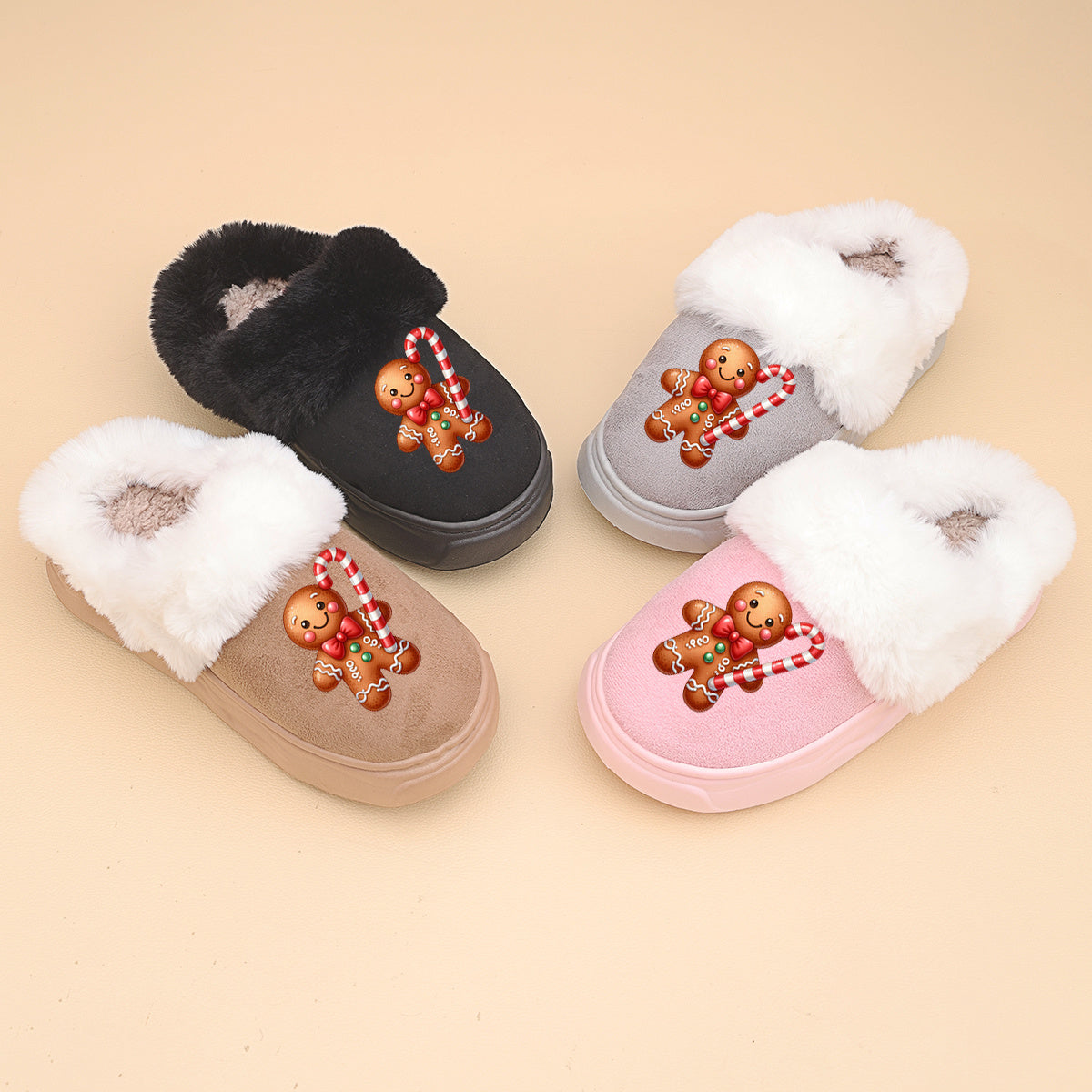 ' Winter Warm Plush Slippers with Gingerbread for Man & Candy Cane Strap - Soft Sole Low-Top Indoor/Outdoor House Shoes for &, Pink//Beige (Unisex Snowflake Booties), for Teenager