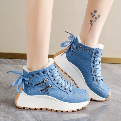 Women'S Winter Boots with Plush Lining - Thickened Warm Snow Boots, Lace-Up Closure, Non-Slip PVC Sole - Elegant Cold Weather Shoes for Everyday & Formal Outfits - Easy-Clean Fabric Upper - Available in Blue, Black, Brown, Re