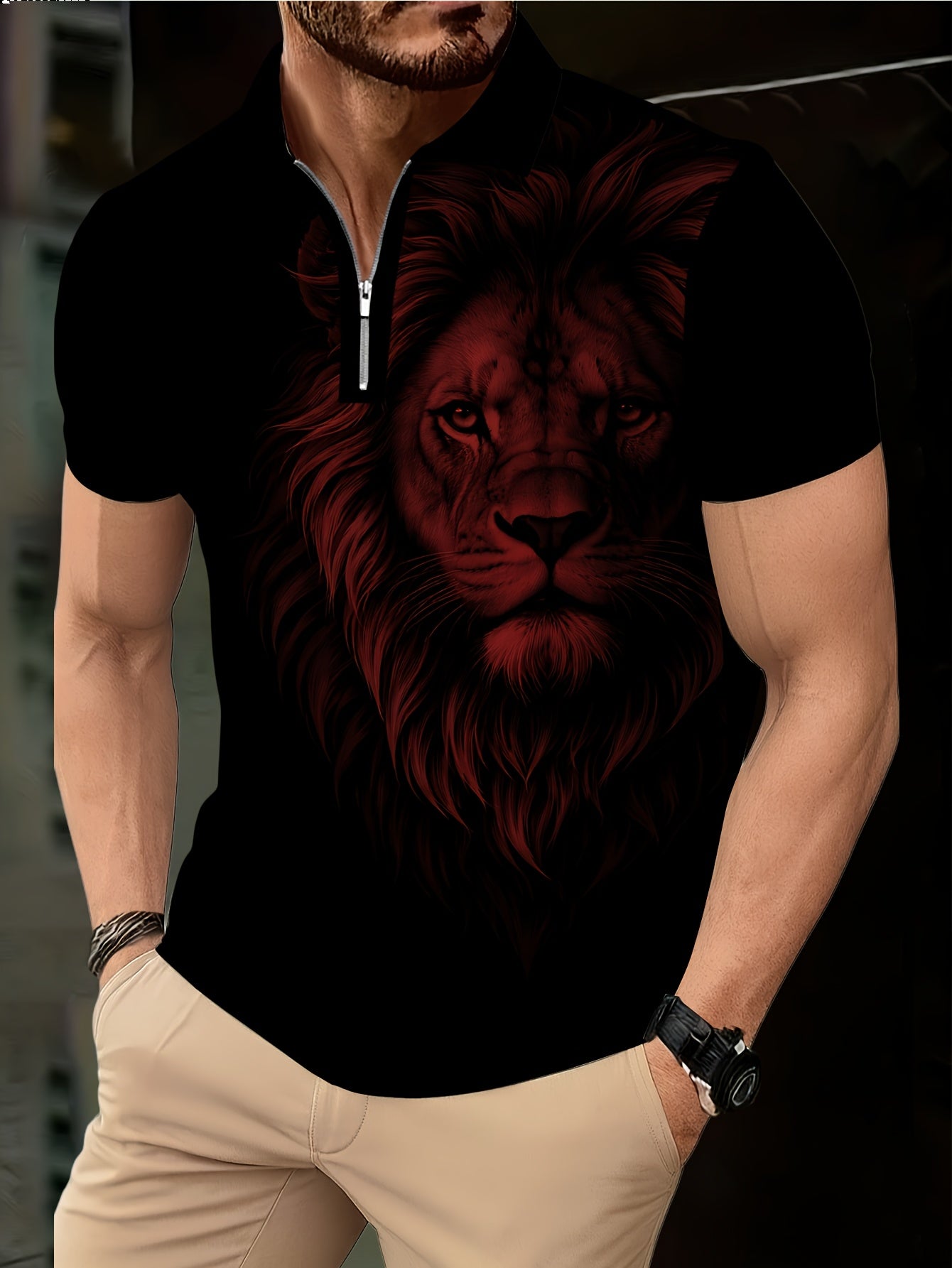 Men's Zip Shirt Short Sleeve Summer Trendy Lion Print Collar T-Shirt Business Casual Slim Fit Men's Top Women's Clothing - ayq