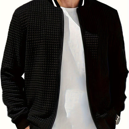 Men's Casual Bomber Jacket with Stand Collar - Polyester and Elastane Blend, Knit Fabric with Slight Stretch, Solid Color, Zipper Detail, Long Sleeve, Regular Fit