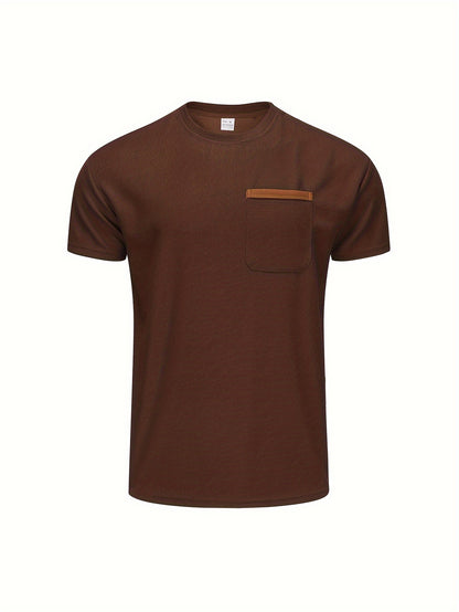Men's Solid T-shirt With Chest Pocket, Casual Short Sleeve Crew Neck Tee, Men's Clothing For Summer Outdoor