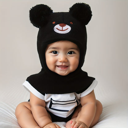 Toddler Bear Knit Balaclava Hat with Pom-Poms for Winter