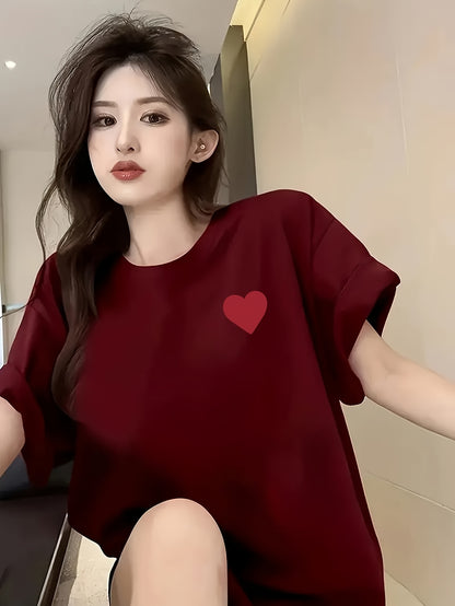 Women's Casual Cotton Love Pattern T-Shirt, Short Sleeve