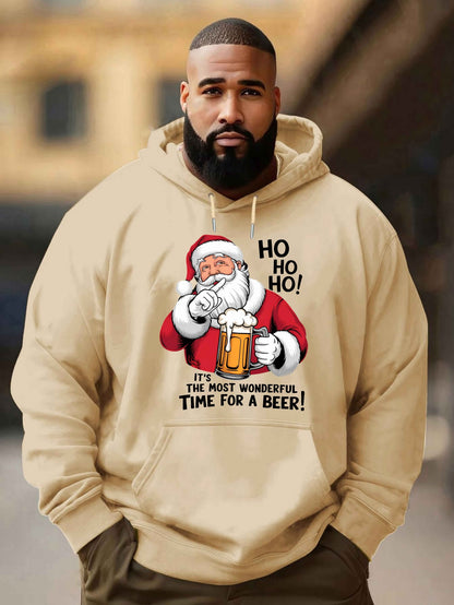 Men'S Red Hoodie with Santa Claus & Beer Mug Graphic - "Ho Ho Ho! It'S the Most Wonderful Time for a Beer!" - Cozy Plush Pullover for Fall & Winter, Casual Holiday Wear, Christmas Clothes, Plus Size