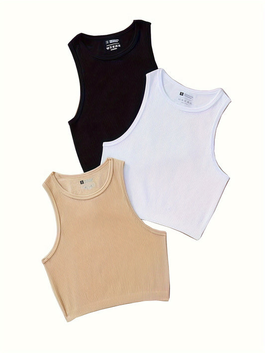 3pcs Solid Color Ribbed Sports Tank Top, Solid Color Sleeveless Running Fitness Slim Fit Vest T-shirt, Women's Activewear