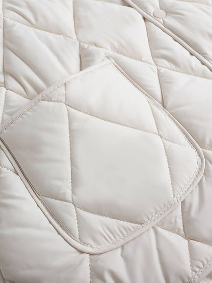 Կանացի սպիտակ փքված բաճկոն՝ թեթև, երկար թևքերով, կոճակներով առջևից, բարձրորակ պոլիեսթեր, լվացվող մեքենայով, գարնանային, աշնանային և ձմեռային առօրյա ոճով