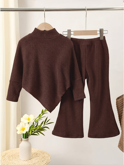 Girls' Fall/Winter Ribbed Pullover & Flared Pants Set - ayq