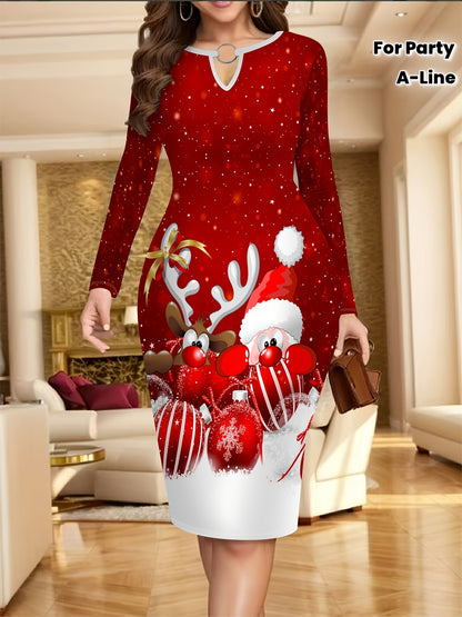 Women's Red & White Christmas Print Dress with Reindeer & Snowflake Patterns - Short Sleeve A-Line Party Dress, Round Neck Winter Holiday Outfit for Xmas, New Year's Eve, Prom (Machine Washable) - Elegant Festive Attire