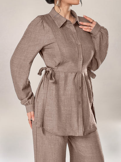 Women's Two-Piece Set with Front Buckle Long Sleeve Casual Top and Trousers