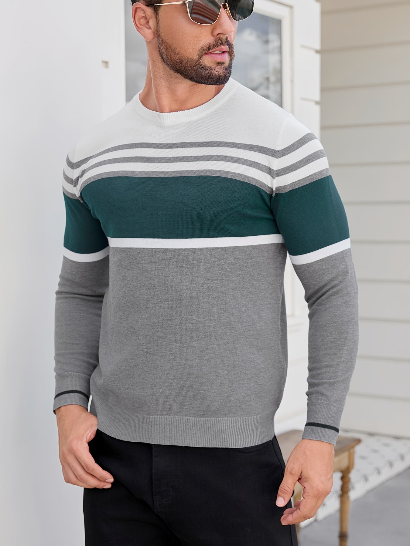 Տղամարդու առօրյա հարմարավետ տրիկոտաժե սվիտեր, նոր գարուն/աշուն կլոր վզնոցով հիմնական շերտ՝ եռաշերտ, հակադիր գույների սվիտեր