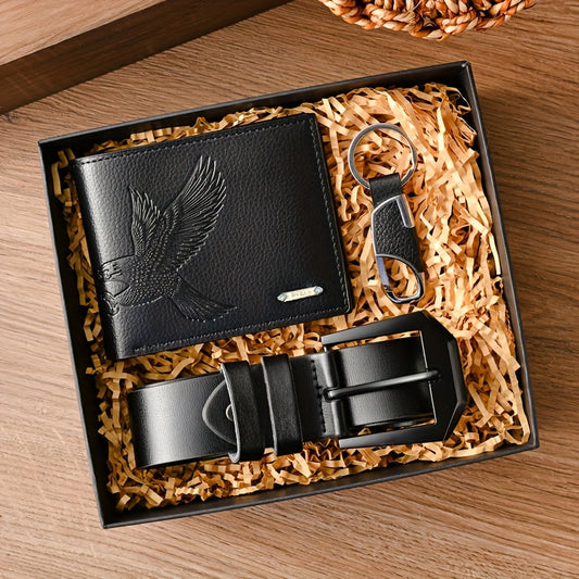 Տղամարդու գոտիների 3 հատանոց հավաքածու, նորաձև գործնական դրամապանակ + գոտի + բանալիի շղթա՝ նվերների տուփի համադրություն, իդեալական է տոների և գրասենյակային հագուստի համար, իդեալական նվեր ընտանիքի, սիրելիների, ընկերների համար