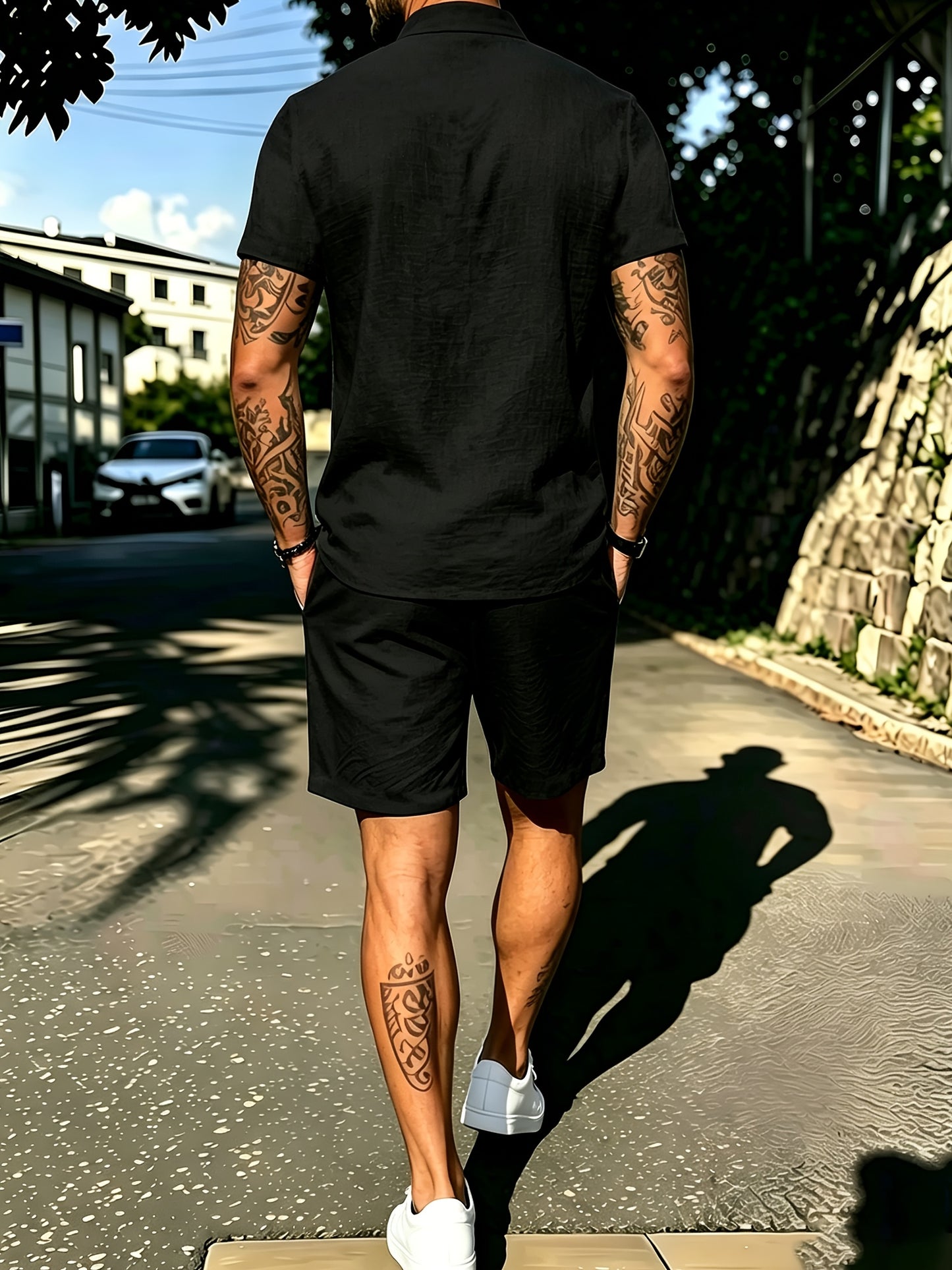 Men's Casual Cotton Polo Shirt and Shorts Set for Spring/Fall