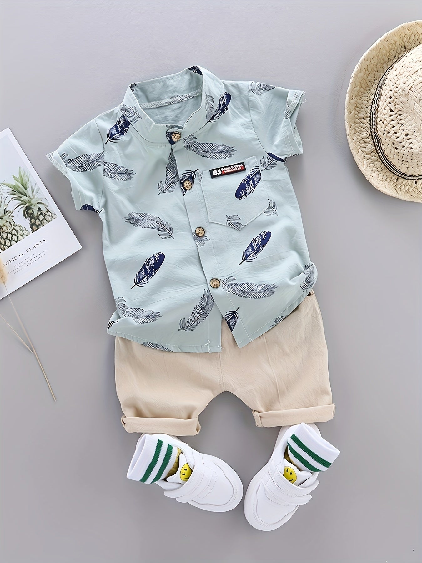 Toddler Summer Cotton Feather Print Shirt & Shorts Set