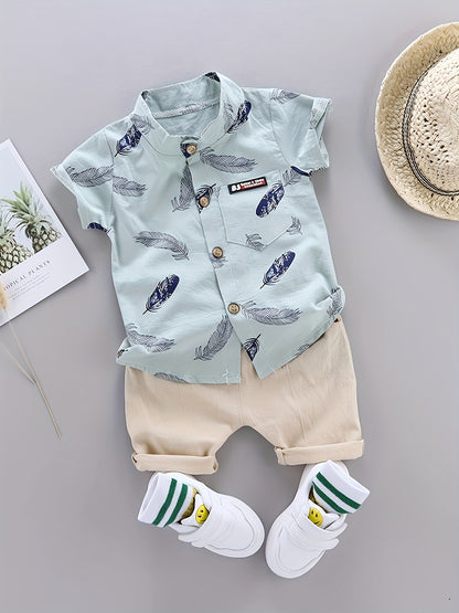 Toddler Summer Cotton Feather Print Shirt & Shorts Set