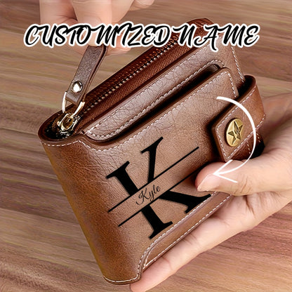 Customized Men's PU Wallet with Premium Vintage Zipper Design, Multi-Layer Coin and Card Holder, Compact Credit Slot & Coin Purse. Ideal Personal Gift for Daily Use as a Fashion Accessory