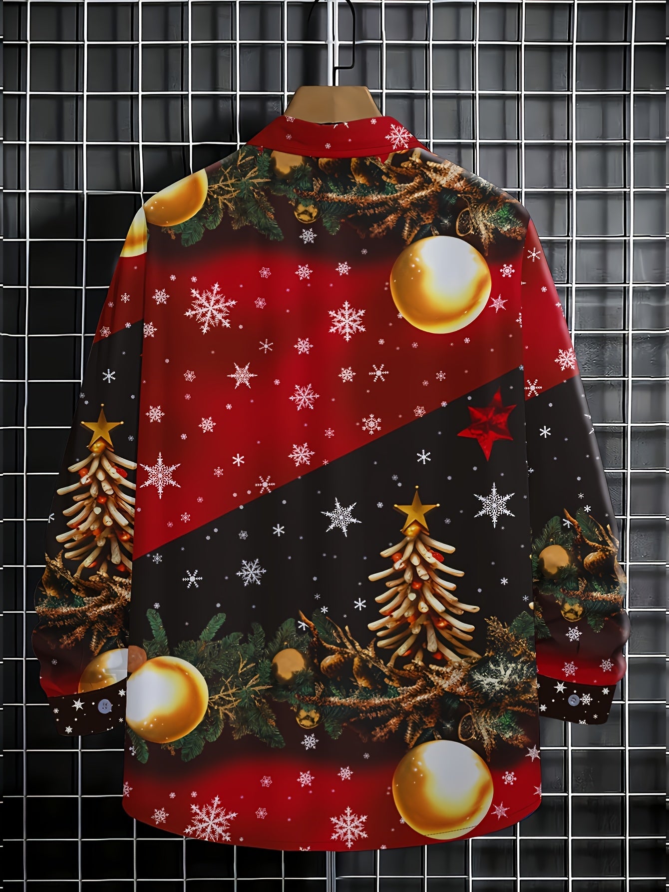Men's Christmas Party Shirt with Red & Black Snowflake Pine Tree Print - Golden Button-Front Long Sleeve Dress Shirt, Stand Collar Casual Blazer-like Top for Holiday Events, Winter Celebrations & Xmas Gatherings (Machine Wash