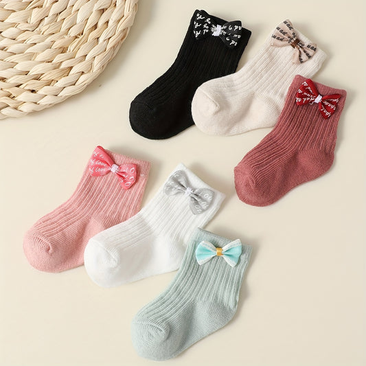 6pcs Princess Bow Ankle Socks for Youngsters and Girls - Cute 3D Bow Decor, Soft Knit, All-Season Wear, Polyester and Elastane Blend, Hand Wash Only, Allseason Footwear|Fashionable Ankle Socks|Polyester Elastane Blend