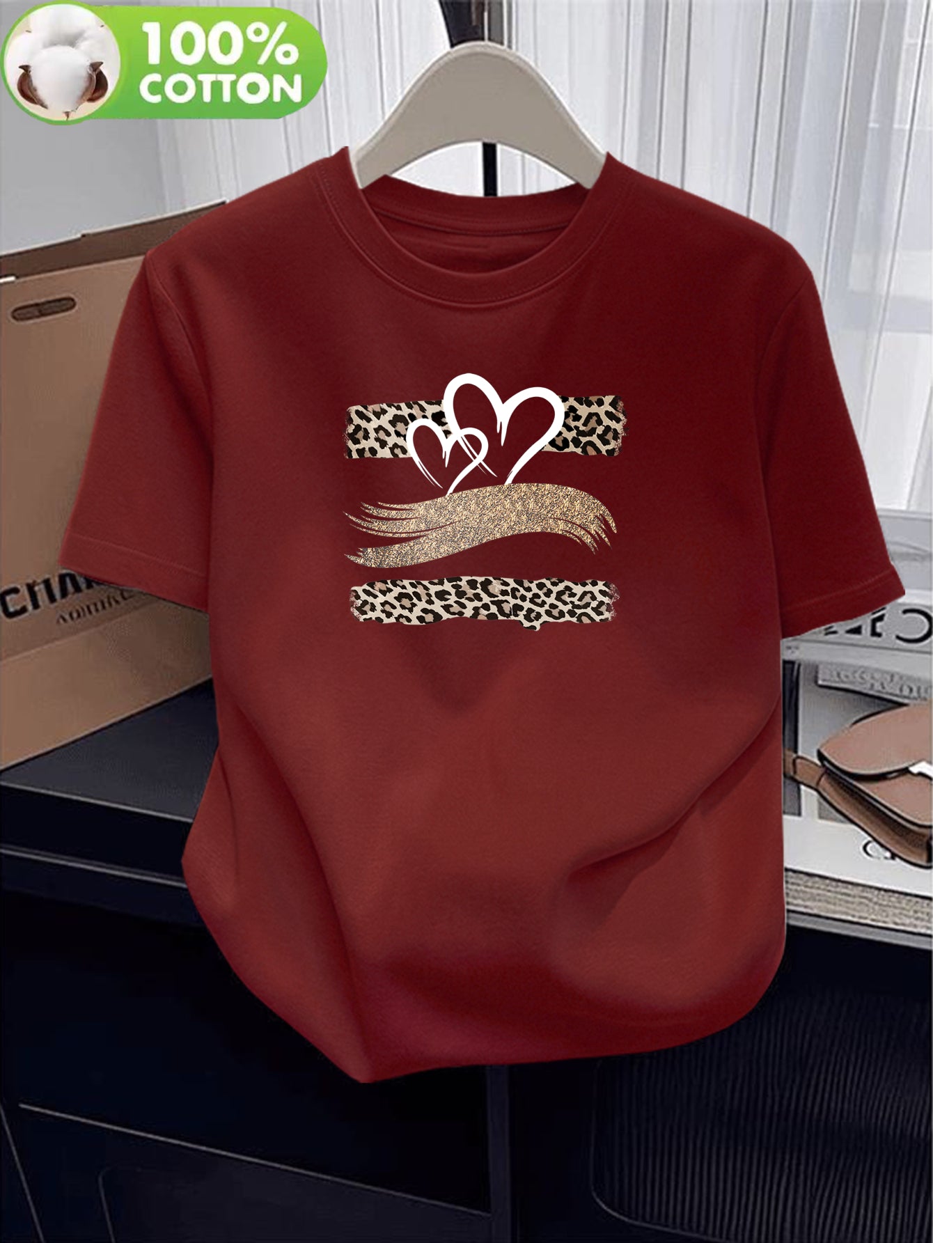 Women's Cotton Short Sleeve T-Shirt with Heart Leopard Print