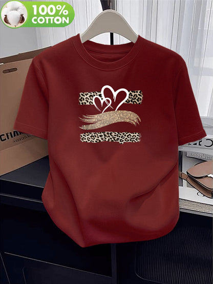 Women's Cotton Short Sleeve T-Shirt with Heart Leopard Print