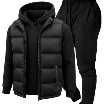 3pcs Vest Casual Set for Men Men's Casual Cartoon Drawstring Pocket Hoodie and Sports Drawstring Trousers Matching Set - ayq