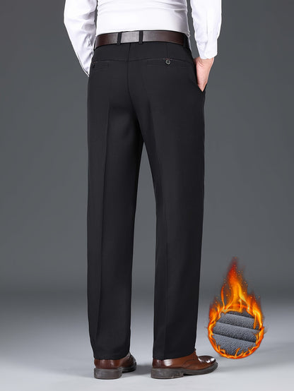 Men'S Solid Color Polyester Dress Pants - Fall/Winter Warm Fleece-Lined Thickened Straight-Leg Trousers with Slant Pockets, Regular Fit, Non-Stretch Woven Fabric, Long Length