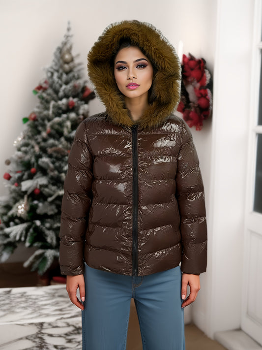 Women'S Winter Hooded Coat - Lightweight Warm Loose Fit Jacket with Full-Zip Closure, Elegant Brown Outerwear for Cold Weather, Office, Dates & Everyday - Non-Stretch Fabric Construction, Ladies Winter Coats, Date Night Wear,