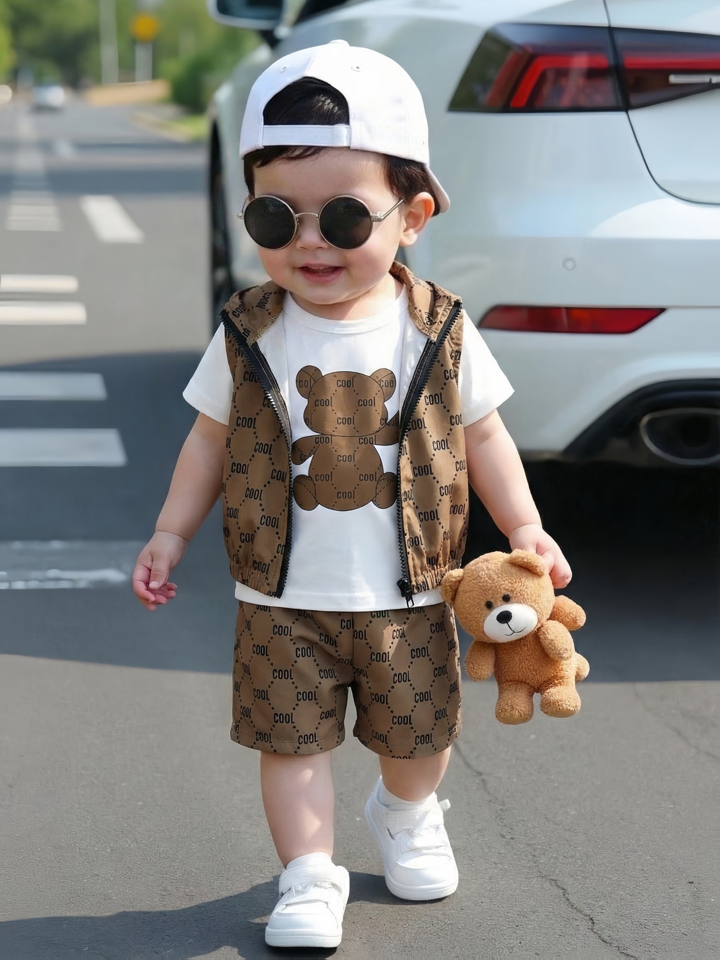 Boys' Summer 3-Piece Alphabet Print T-Shirt & Shorts Set