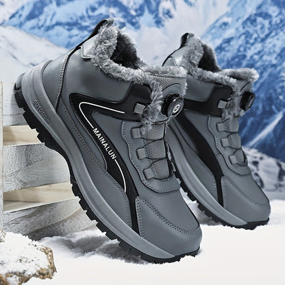 MAINALUN Men's Heavy-Duty Winter Snow Boots with Rotating Buckle Closure, PU Upper & PVC Sole - Thick Plush Lining, Warm Short Ankle Boots for Ice, Snow, Slush, Work, Outdoor (Adjustable Strap, Fit)