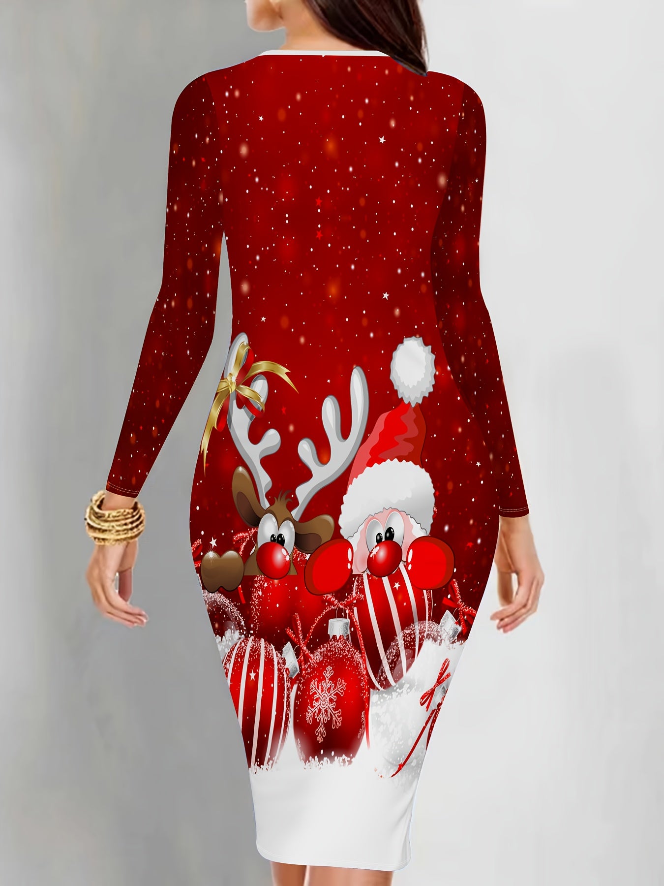 Women's Red & White Christmas Print Dress with Reindeer & Snowflake Patterns - Short Sleeve A-Line Party Dress, Round Neck Winter Holiday Outfit for Xmas, New Year's Eve, Prom (Machine Washable) - Elegant Festive Attire