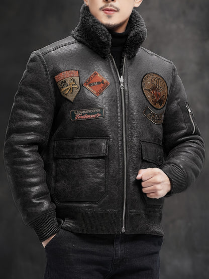Men'S Faux Fur Lined Biker Jacket, Casual Long Sleeve Applique Air Force Style, Polyester 100% Knit Fabric, Solid Color Lapel Collar, Zipper Closure, Regular Fit for Daily & Golf Occasions - Fall/Winter Collection