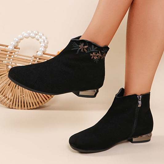 Women'S Casual Ankle Booties with Embroidery - Solid Color Flannel Platform Boots with Zipper Closure, Round Toe, Block Heel, Rubber Sole, Fall Season Low Heel Short Boots with Random Printing Detail