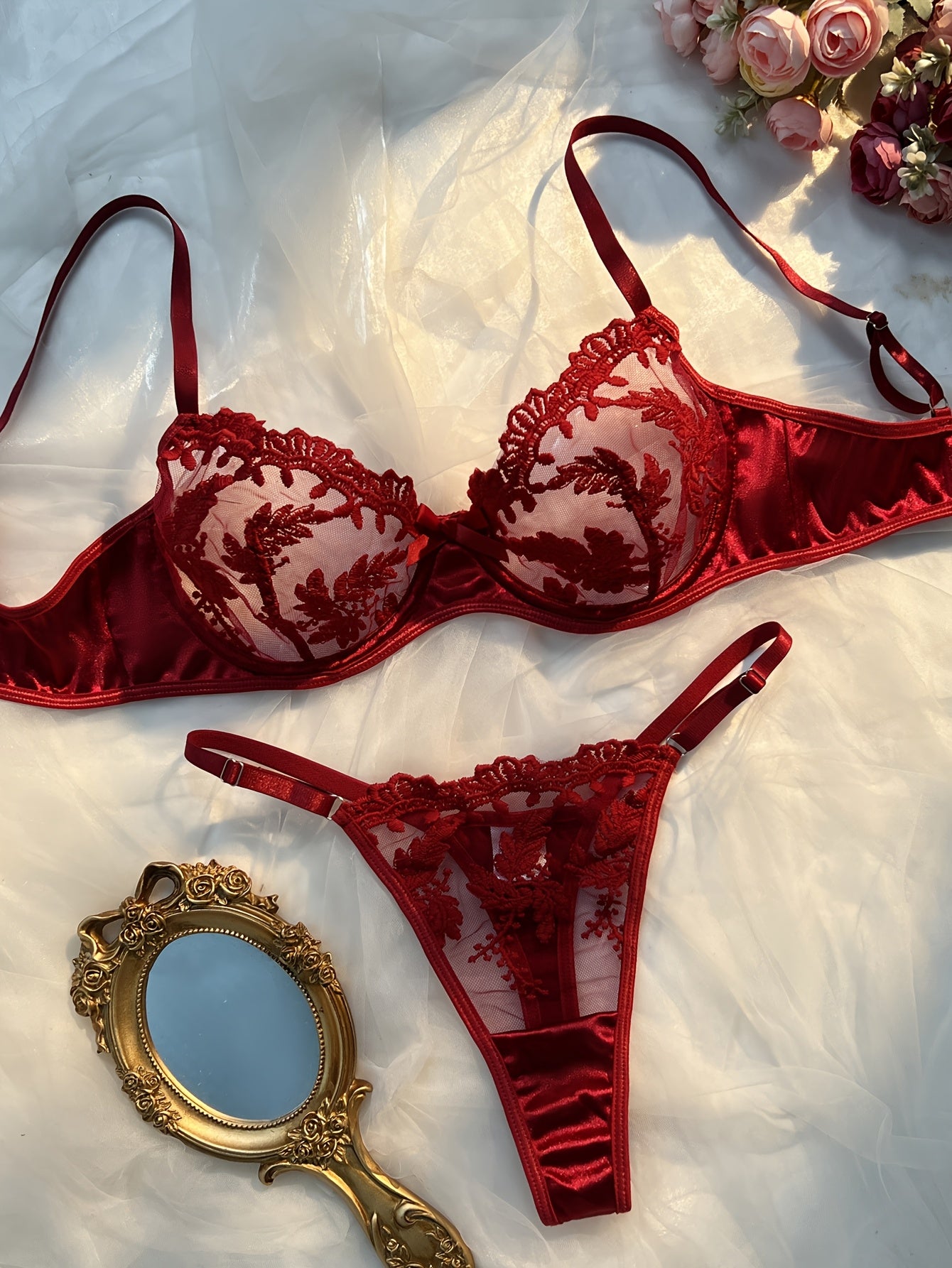 Elegant Wine Red Embroidered Lingerie Set with Thong