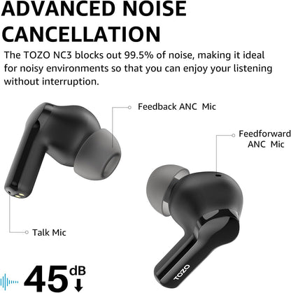 TOZO Hybrid Active Noise Cancelling Wireless Earbuds with 6 Mics AI Clear Call Ear Buds 55H Playtime with LED Display 32 Preset Eqs via APP Bluetooth 5.3 IPX8 Waterproof in Ear Headphones