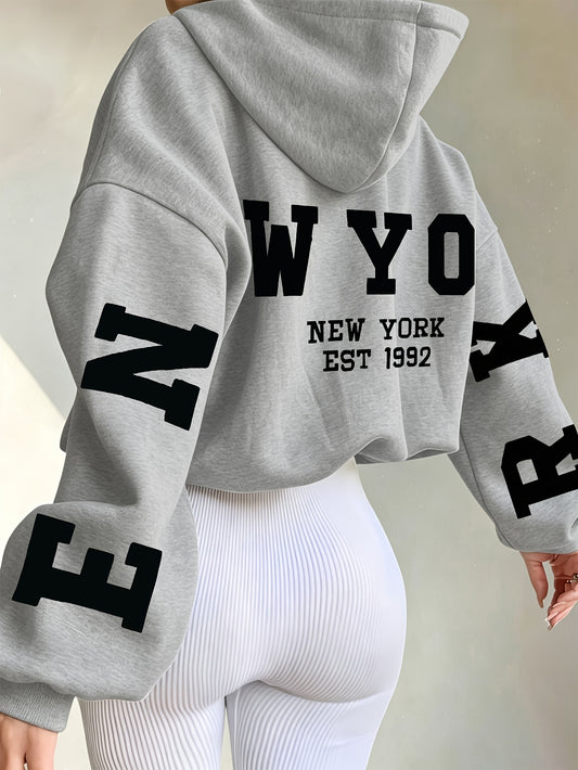 Women’s Short Hooded Zipper Sweatshirt with Geometric Print