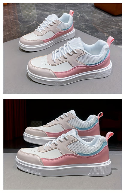 Stylish Women's Low-Top Sneakers - Lightweight Casual Shoes with Pastel Pink & Light Blue Accents, Synthetic Cover Upper, Breathable Mesh Lining, EVA Sole for Comfort, Perfect for Casual Attire & Travel