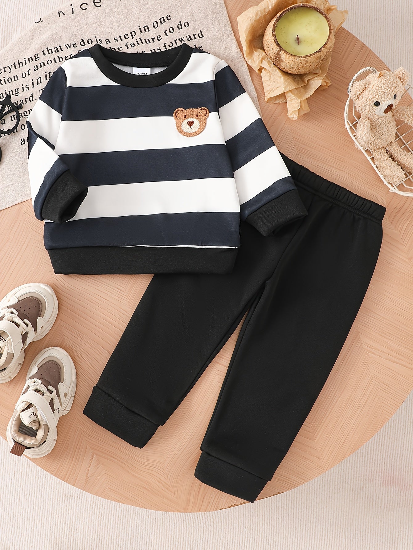 Baby Boy Fall Winter Striped Velvet Sweatshirt and Pants Set
