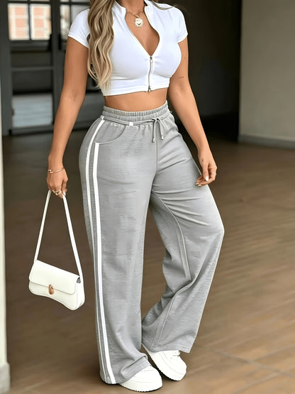 High-Waist Wide-Leg Casual Pants with Drawstring Waist