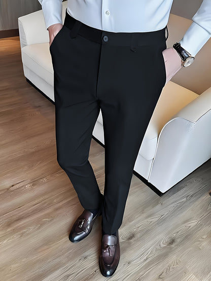 Men'S Regular Fit Black Dress Pants with Slant Pockets - Polyester, Zipper Fly, Mid Waist, Perfect for Formal or Casual Occasions