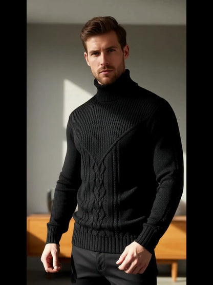 Men'S Casual Winter High Neck Turtleneck Sweater | Black Solid Color, Medium Stretch Fabric, Regular Fit, Hand Wash Only, Sleek Knitwear, Long Sleeve, Rib-Knit Detail