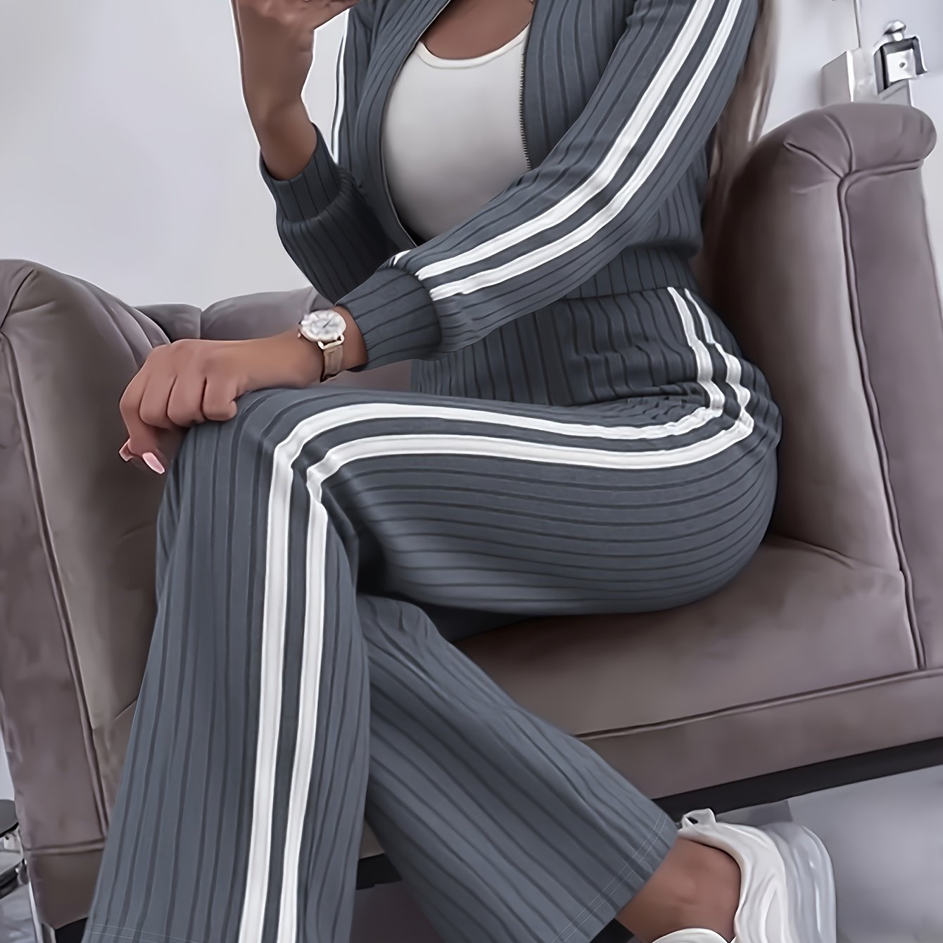 Women'S Stylish Casual Zip-Up Round Neck Ribbed Cardigan with Loose Straight Pants, a Two-Piece Casual Outfit - ayq