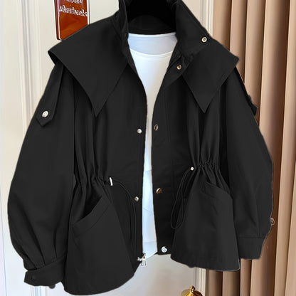 Կանացի միագույն պոլիեսթերային վերարկու՝ լարով գոտկատեղի, օձիքի և կրծքավանդակի գրպաններով - Գարնանային և աշնանային նորաձևություն, հարմարավետ, չձգվող գործվածք, ամենօրյա վերնազգեստ | Դասական երկար թևքեր | Չձգվող նյութ