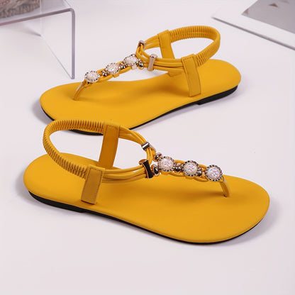 Elegant Summer Women's Flat Sandals with Rhinestone Embellishments and Strappy Back, Split Toe Design, Rubber Sole – Non-Washable, Man Made Materials – Taizhou-Origin