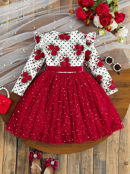 COVIVIKY Girls' Elegant Long Sleeve Party Dress with Puff Skirt & Sheer Panel - Knee-Length A-Line Wedding Prom Dress, Belted Waist Bow & Netting Trim, Hand Washable Winter Formal Gown for Girls (Age 4-12)