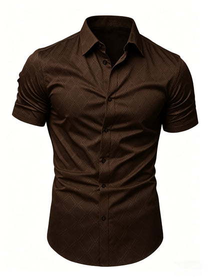 Men's Slim Fit Short Sleeve Formal Shirt with Geometric Pattern