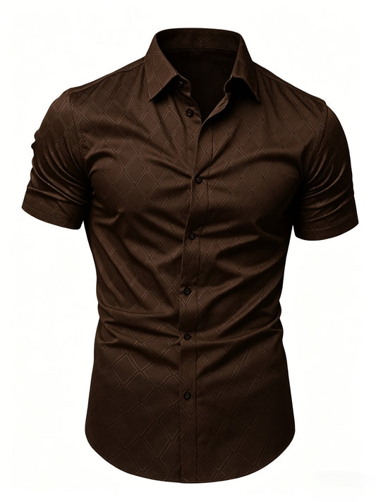Men's Slim Fit Short Sleeve Formal Shirt with Geometric Pattern