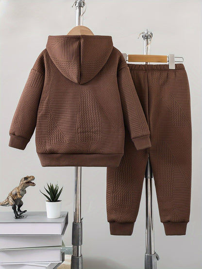 2pcs set of casual and fashionable fleece thickened Jacquard zipper pocket shoulder-length hooded sweatshirt and fleece Jacquard sports jogging pants suit, children's autumn and winter comfortable and versatile clothing, can